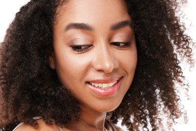 Photo of Portrait of beautiful Brazilian woman on white background, closeup