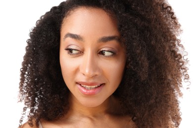Photo of Portrait of beautiful Brazilian woman on white background, closeup