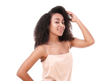 Photo of Portrait of beautiful Brazilian woman on white background