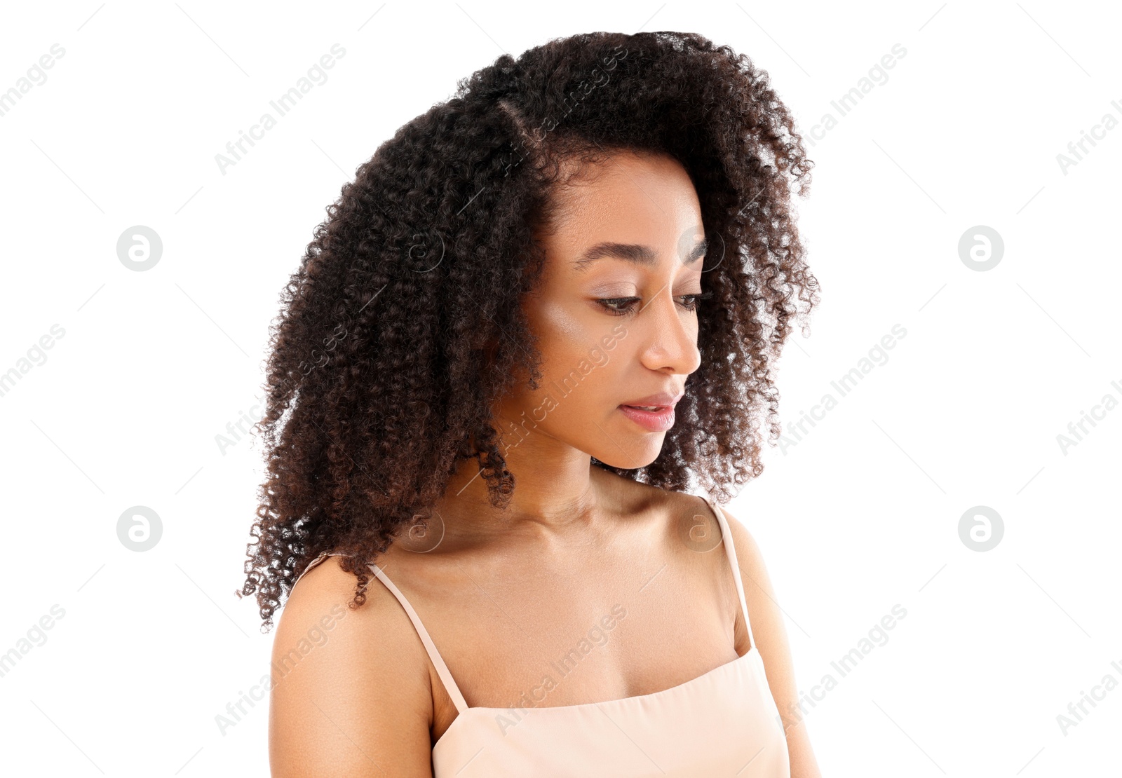 Portrait of beautiful Brazilian woman on white background Photo of Portrait of beautiful Brazilian woman on white background