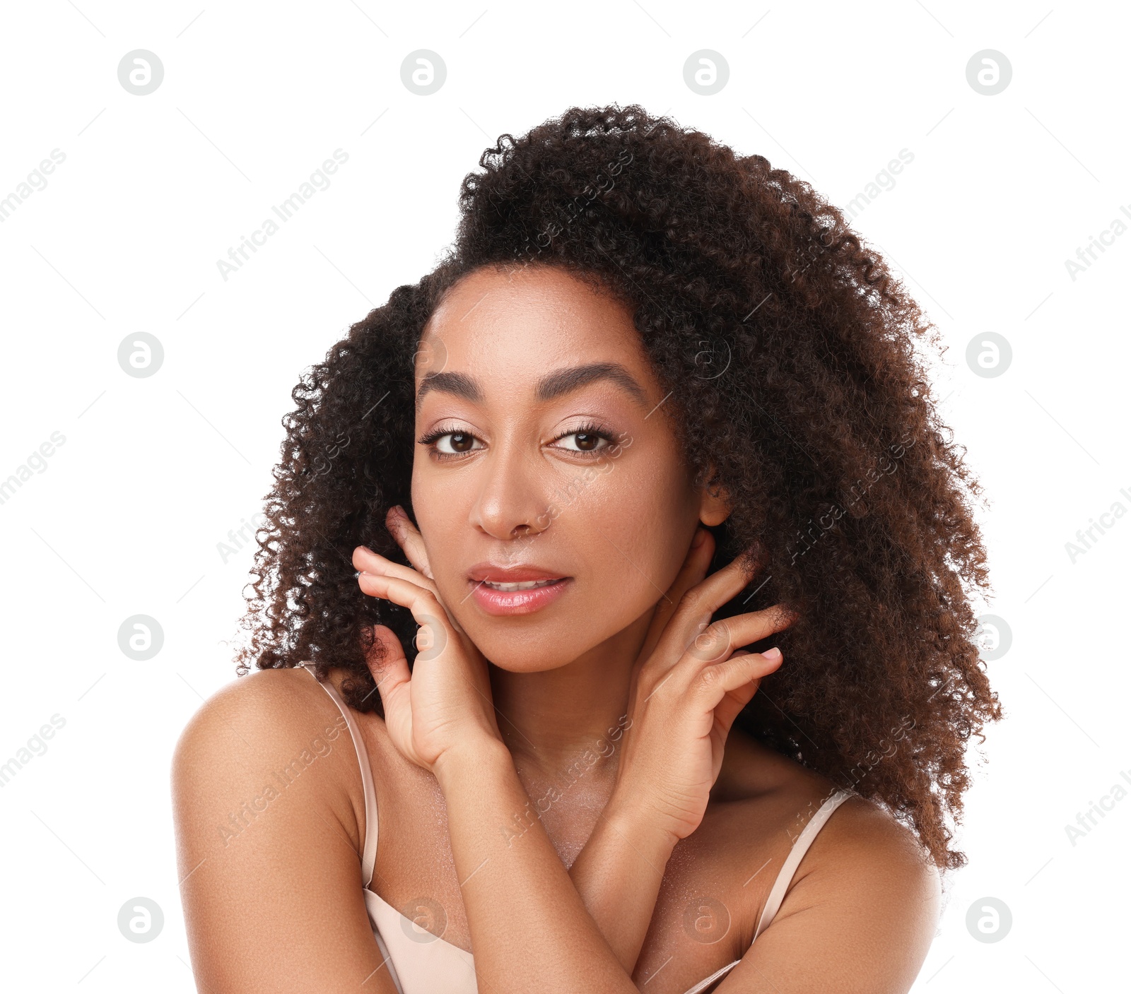Portrait of beautiful Brazilian woman on white background Photo of Portrait of beautiful Brazilian woman on white background