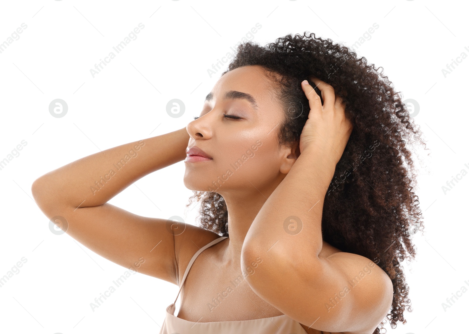 Portrait of beautiful Brazilian woman on white background Photo of Portrait of beautiful Brazilian woman on white background