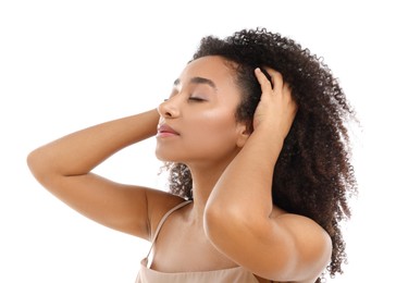 Photo of Portrait of beautiful Brazilian woman on white background