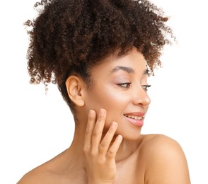 Photo of Portrait of beautiful Brazilian woman on white background, closeup