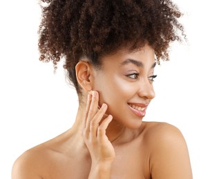 Photo of Portrait of beautiful Brazilian woman on white background, closeup
