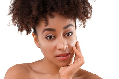 Photo of Portrait of beautiful Brazilian woman on white background, closeup