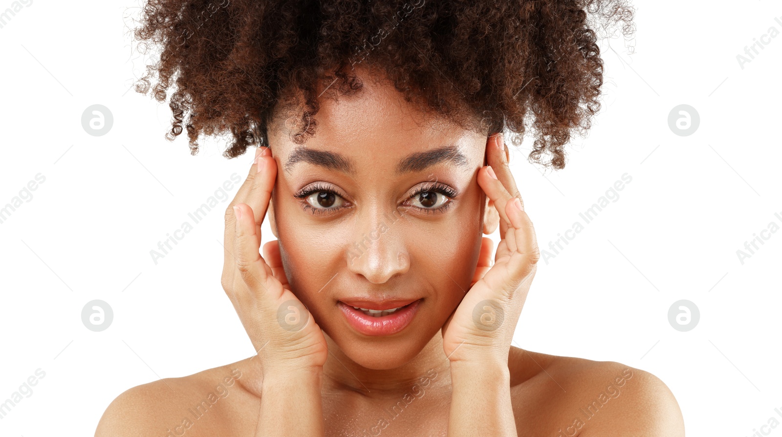 Portrait of beautiful Brazilian woman on white background, closeup Photo of Portrait of beautiful Brazilian woman on white background, closeup