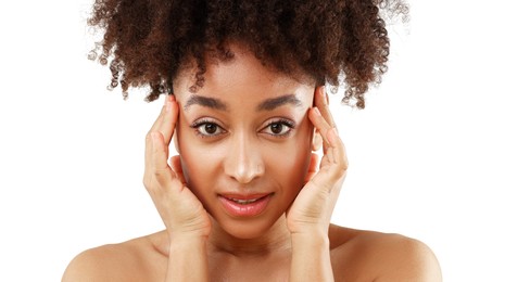 Photo of Portrait of beautiful Brazilian woman on white background, closeup