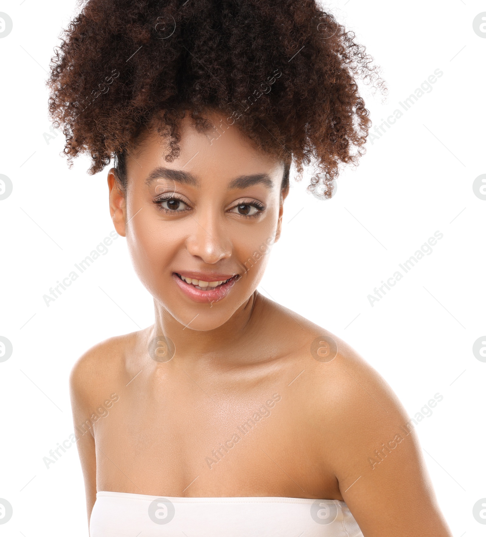 Portrait of beautiful Brazilian woman on white background Photo of Portrait of beautiful Brazilian woman on white background