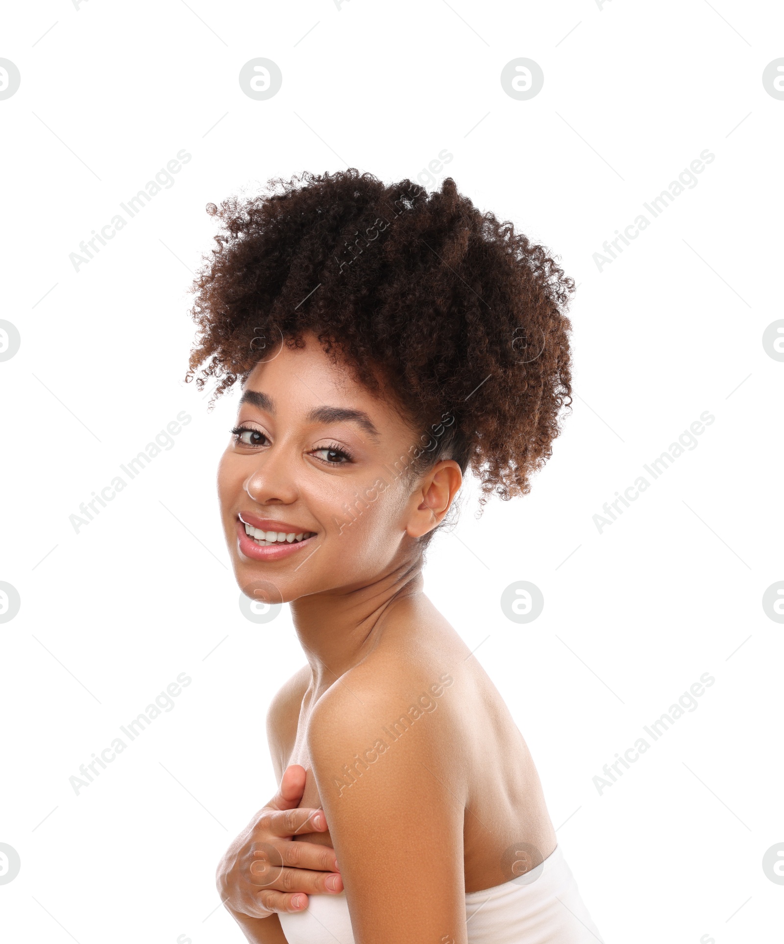Portrait of beautiful Brazilian woman on white background Photo of Portrait of beautiful Brazilian woman on white background