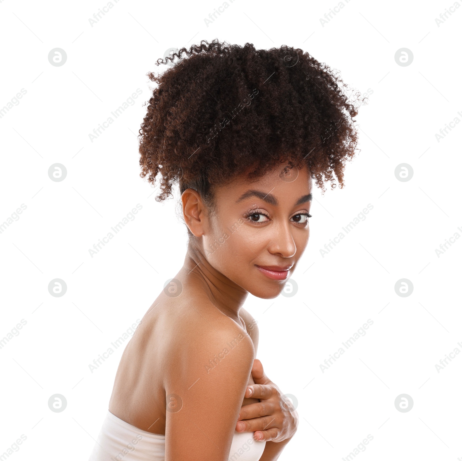 Portrait of beautiful Brazilian woman on white background Photo of Portrait of beautiful Brazilian woman on white background