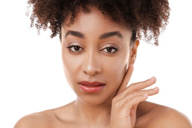 Photo of Portrait of beautiful Brazilian woman on white background, closeup