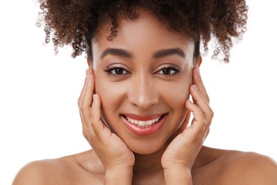 Photo of Portrait of beautiful Brazilian woman on white background, closeup