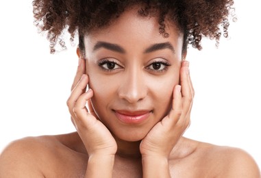 Photo of Portrait of beautiful Brazilian woman on white background, closeup