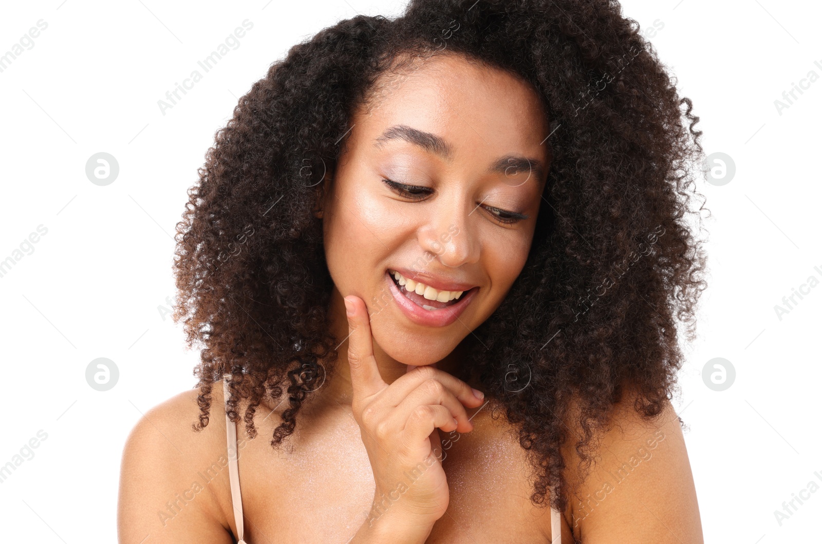 Portrait of beautiful Brazilian woman on white background Photo of Portrait of beautiful Brazilian woman on white background