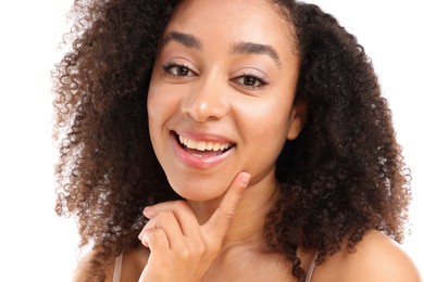 Photo of Portrait of beautiful Brazilian woman on white background, closeup
