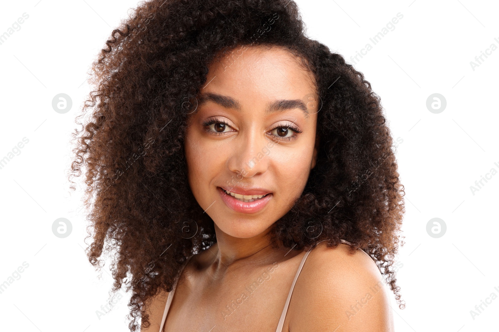 Portrait of beautiful Brazilian woman on white background Photo of Portrait of beautiful Brazilian woman on white background