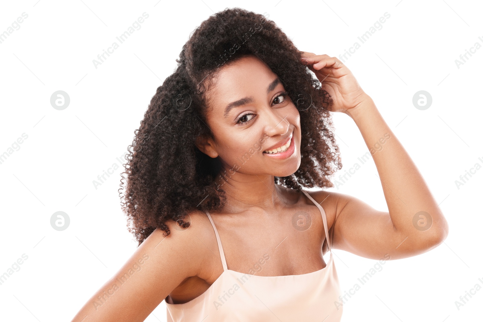 Portrait of beautiful Brazilian woman on white background Photo of Portrait of beautiful Brazilian woman on white background