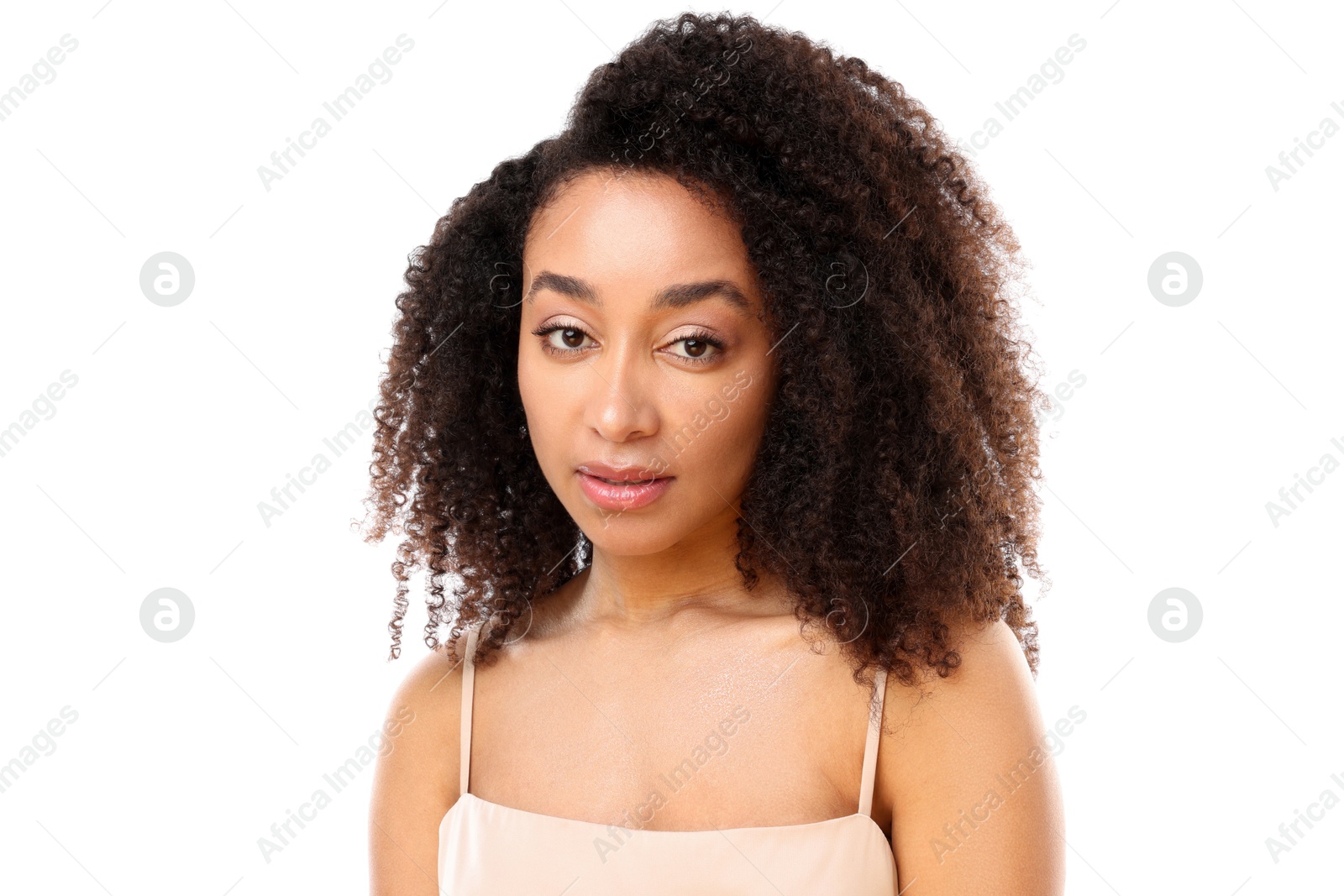 Portrait of beautiful Brazilian woman on white background Photo of Portrait of beautiful Brazilian woman on white background