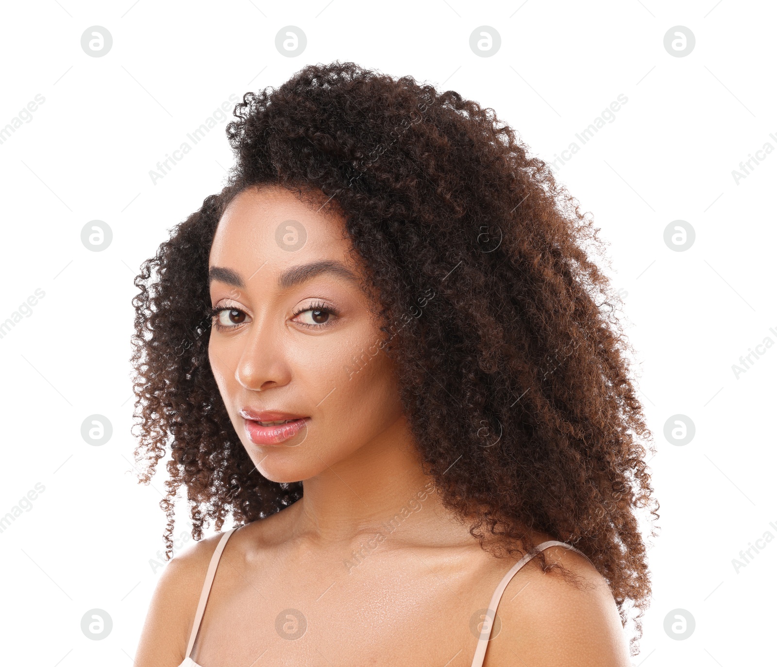Portrait of beautiful Brazilian woman on white background Photo of Portrait of beautiful Brazilian woman on white background