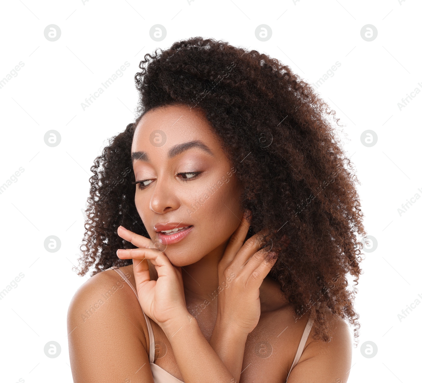 Portrait of beautiful Brazilian woman on white background Photo of Portrait of beautiful Brazilian woman on white background