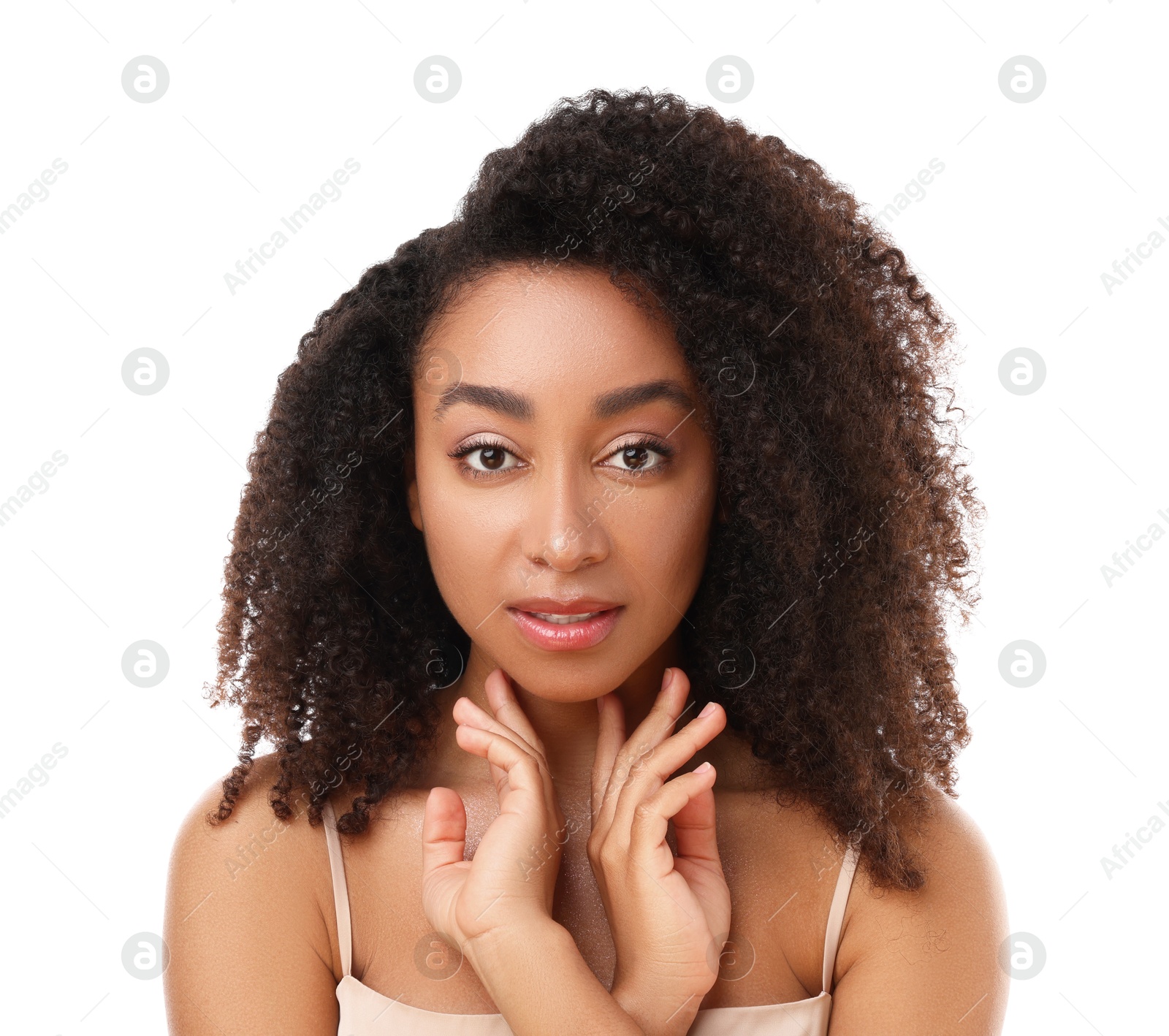 Portrait of beautiful Brazilian woman on white background Photo of Portrait of beautiful Brazilian woman on white background