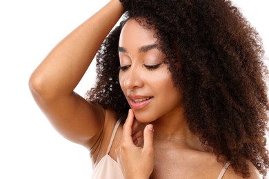 Photo of Portrait of beautiful Brazilian woman on white background