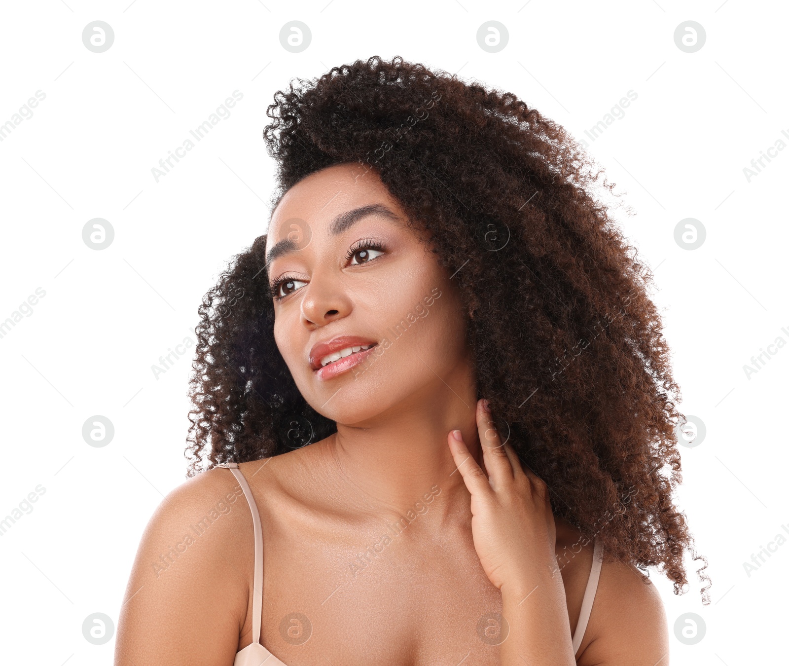 Portrait of beautiful Brazilian woman on white background Photo of Portrait of beautiful Brazilian woman on white background