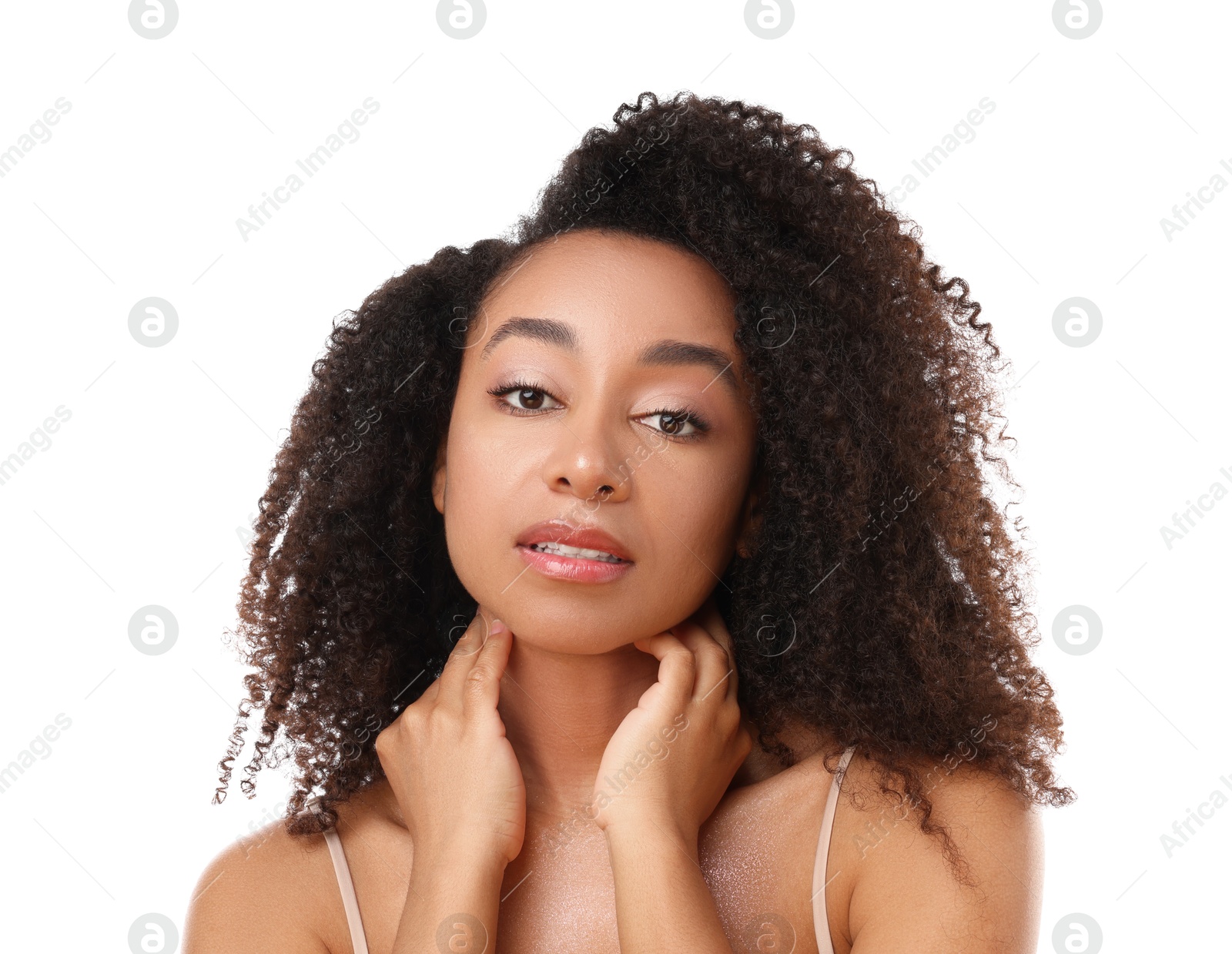 Portrait of beautiful Brazilian woman on white background Photo of Portrait of beautiful Brazilian woman on white background