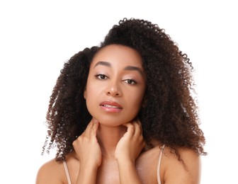 Photo of Portrait of beautiful Brazilian woman on white background