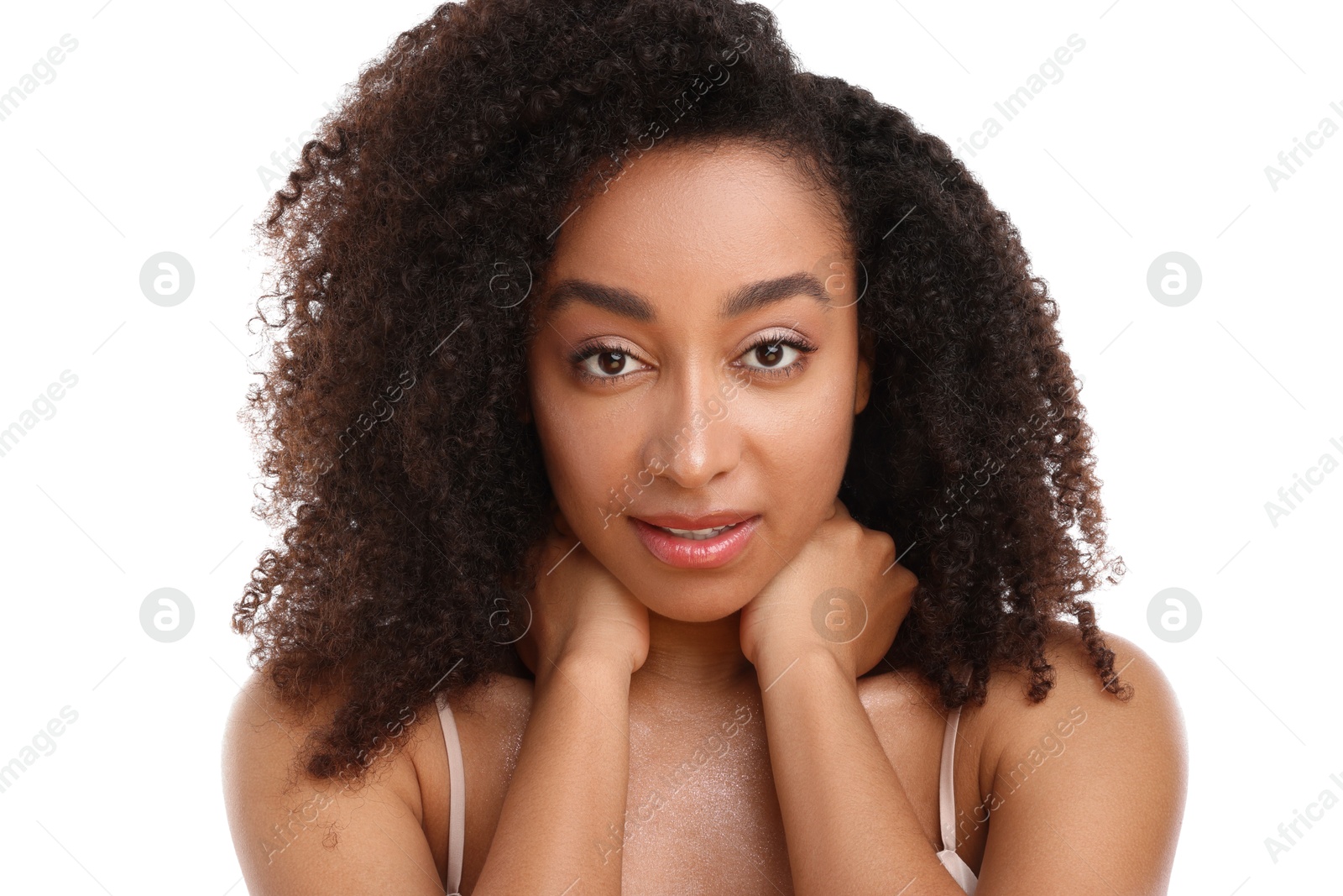 Portrait of beautiful Brazilian woman on white background Photo of Portrait of beautiful Brazilian woman on white background