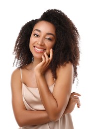 Photo of Portrait of beautiful Brazilian woman on white background