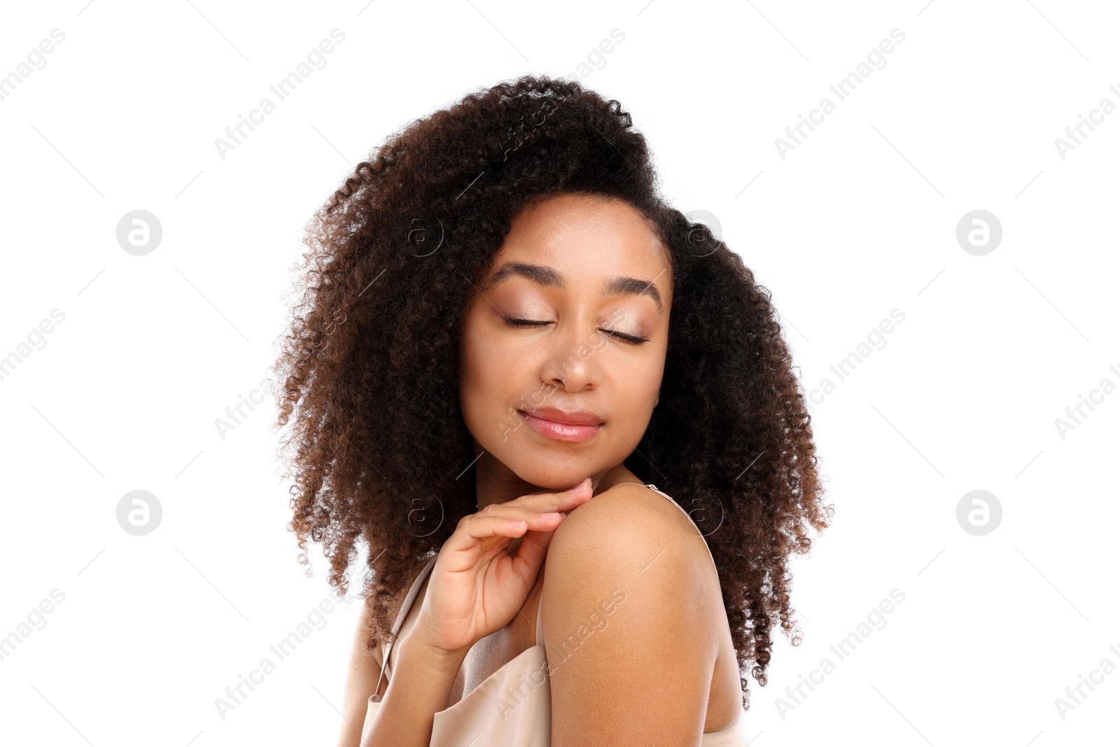 Portrait of beautiful Brazilian woman on white background Photo of Portrait of beautiful Brazilian woman on white background