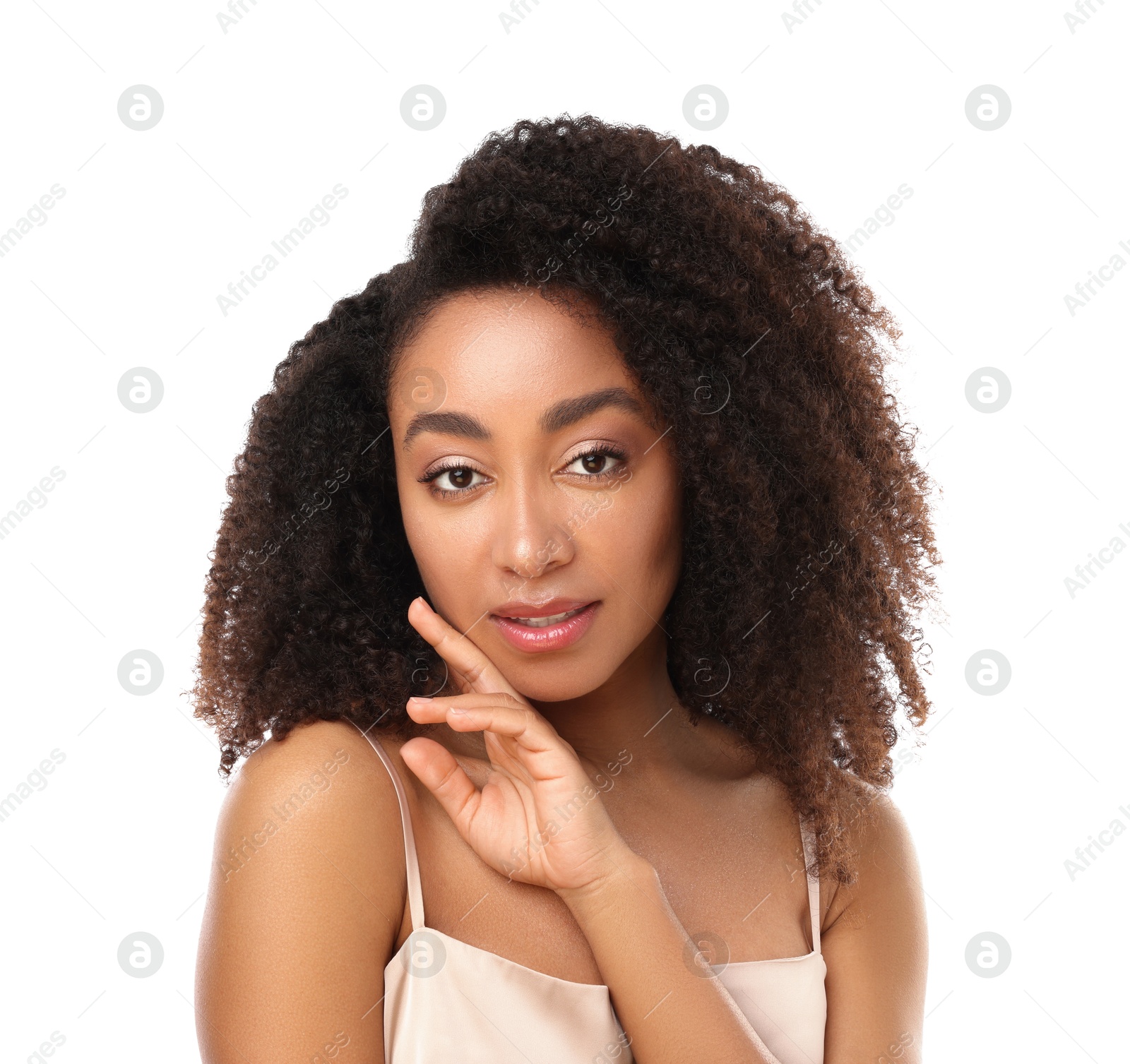 Portrait of beautiful Brazilian woman on white background Photo of Portrait of beautiful Brazilian woman on white background