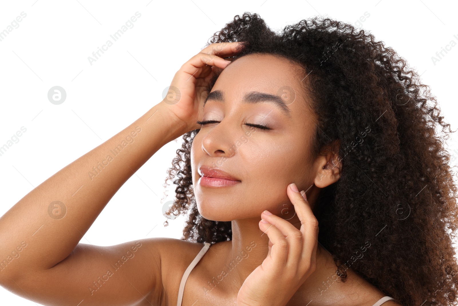 Portrait of beautiful Brazilian woman on white background Photo of Portrait of beautiful Brazilian woman on white background