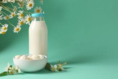 Photo of Fresh milk in glass bottle, mozzarella balls and flowers on turquoise background, space for text. Dairy products
