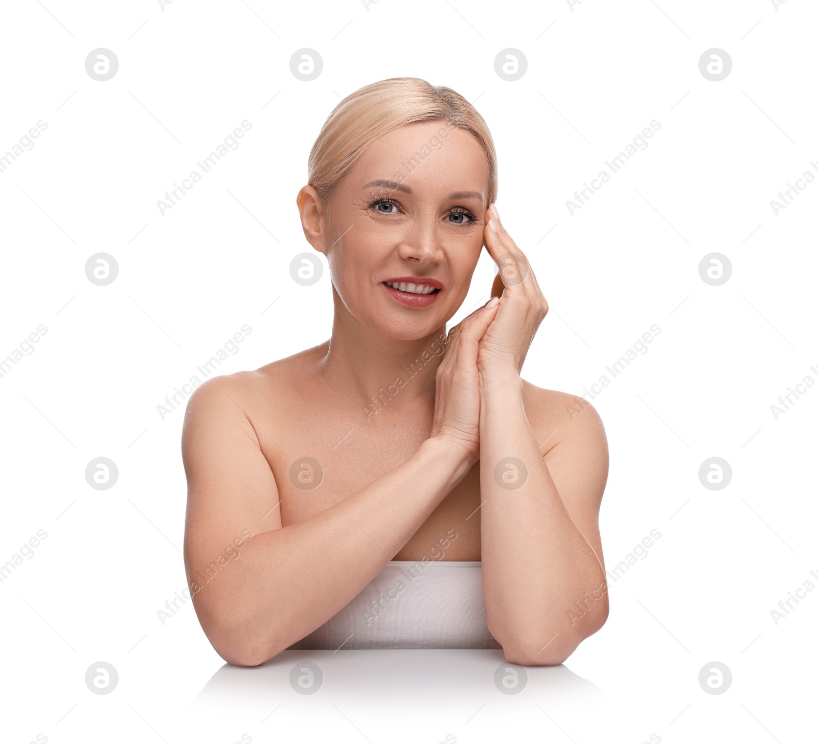 Portrait of beautiful woman on white background Photo of Portrait of beautiful woman on white background