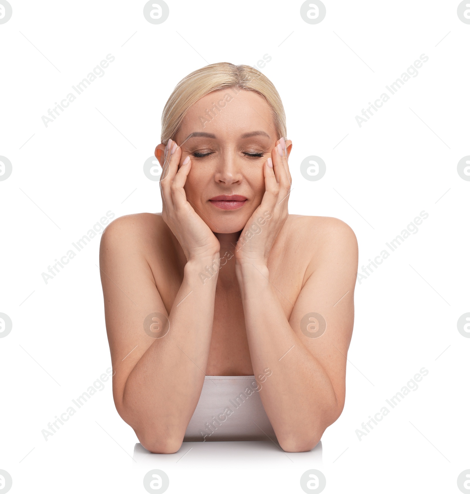 Portrait of beautiful woman on white background Photo of Portrait of beautiful woman on white background
