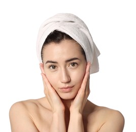 Photo of Portrait of beautiful woman after spa treatment on white background, closeup