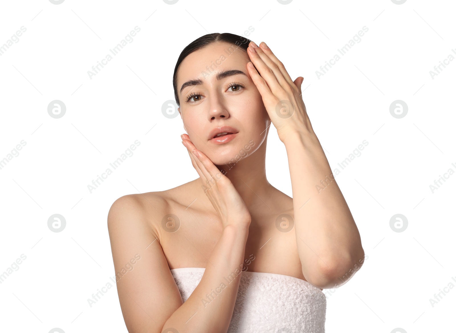 Portrait of beautiful woman after spa treatment on white background Photo of Portrait of beautiful woman after spa treatment on white background