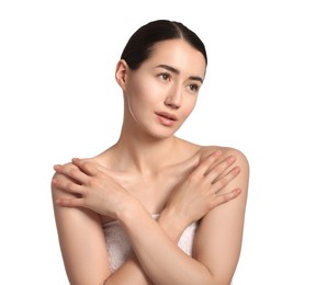 Photo of Beautiful woman after spa treatment on white background
