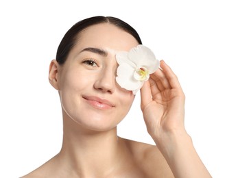 Photo of Portrait of beautiful woman with orchid flower after spa treatment on white background, closeup