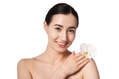 Photo of Portrait of smiling woman with orchid flower after spa treatment on white background, closeup