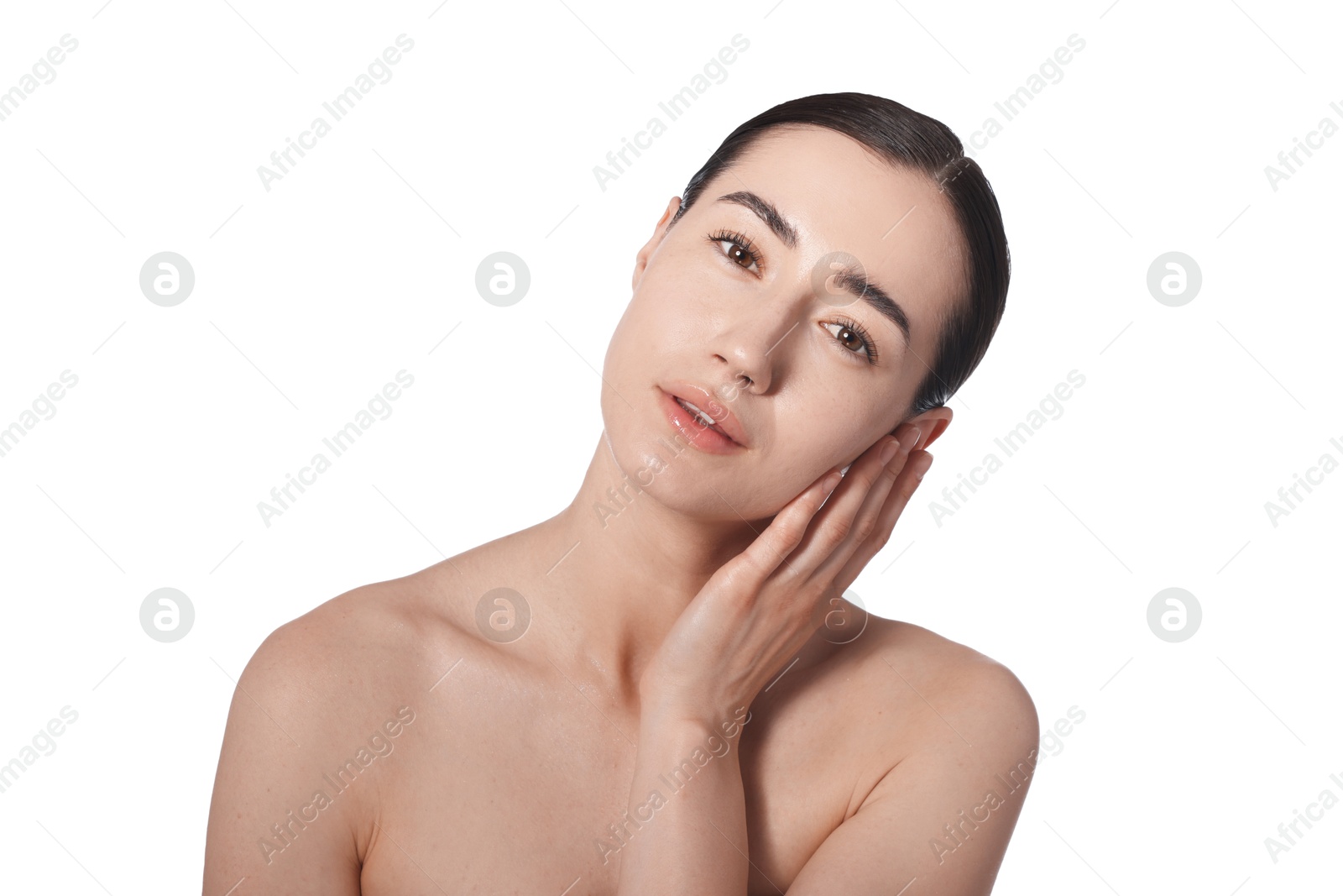 Portrait of beautiful woman after spa treatment on white background Photo of Portrait of beautiful woman after spa treatment on white background