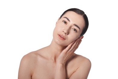 Photo of Portrait of beautiful woman after spa treatment on white background