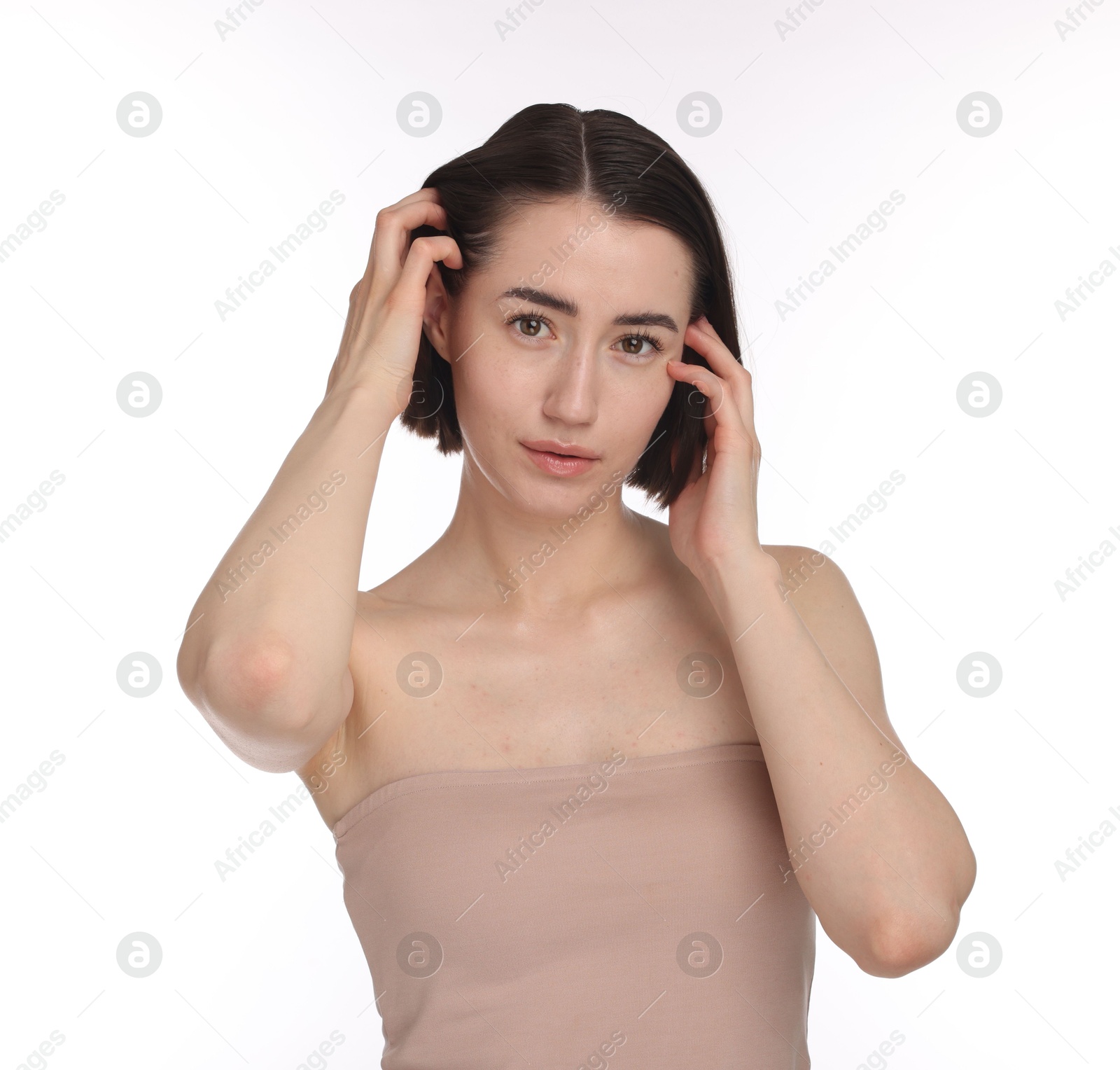Portrait of beautiful woman after spa treatment on white background Photo of Portrait of beautiful woman after spa treatment on white background