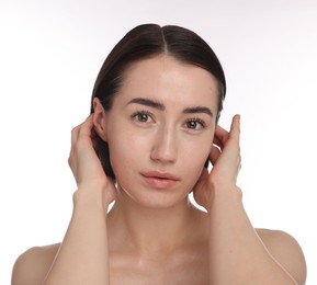 Photo of Portrait of beautiful woman after spa treatment on white background, closeup