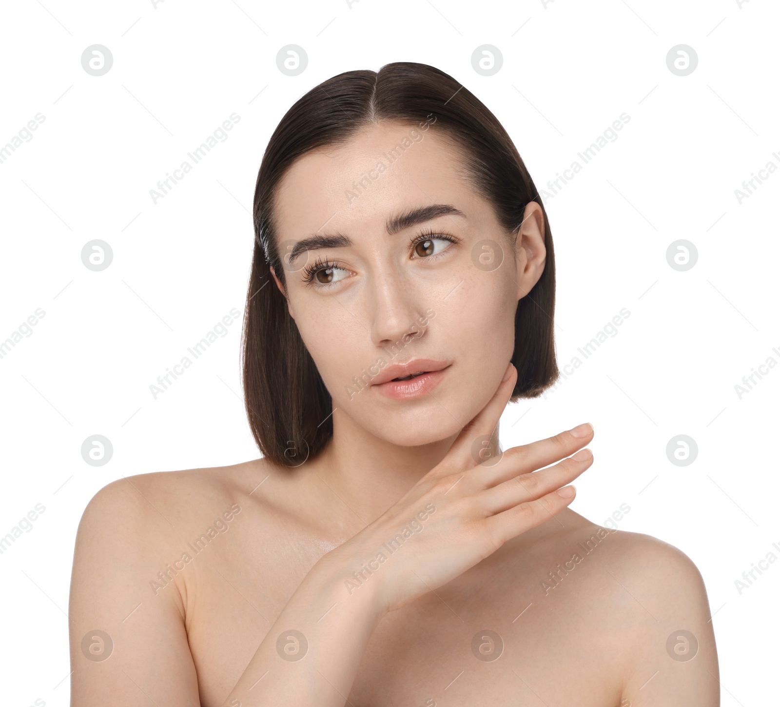 Beautiful woman after spa treatment on white background, closeup Photo of Beautiful woman after spa treatment on white background, closeup