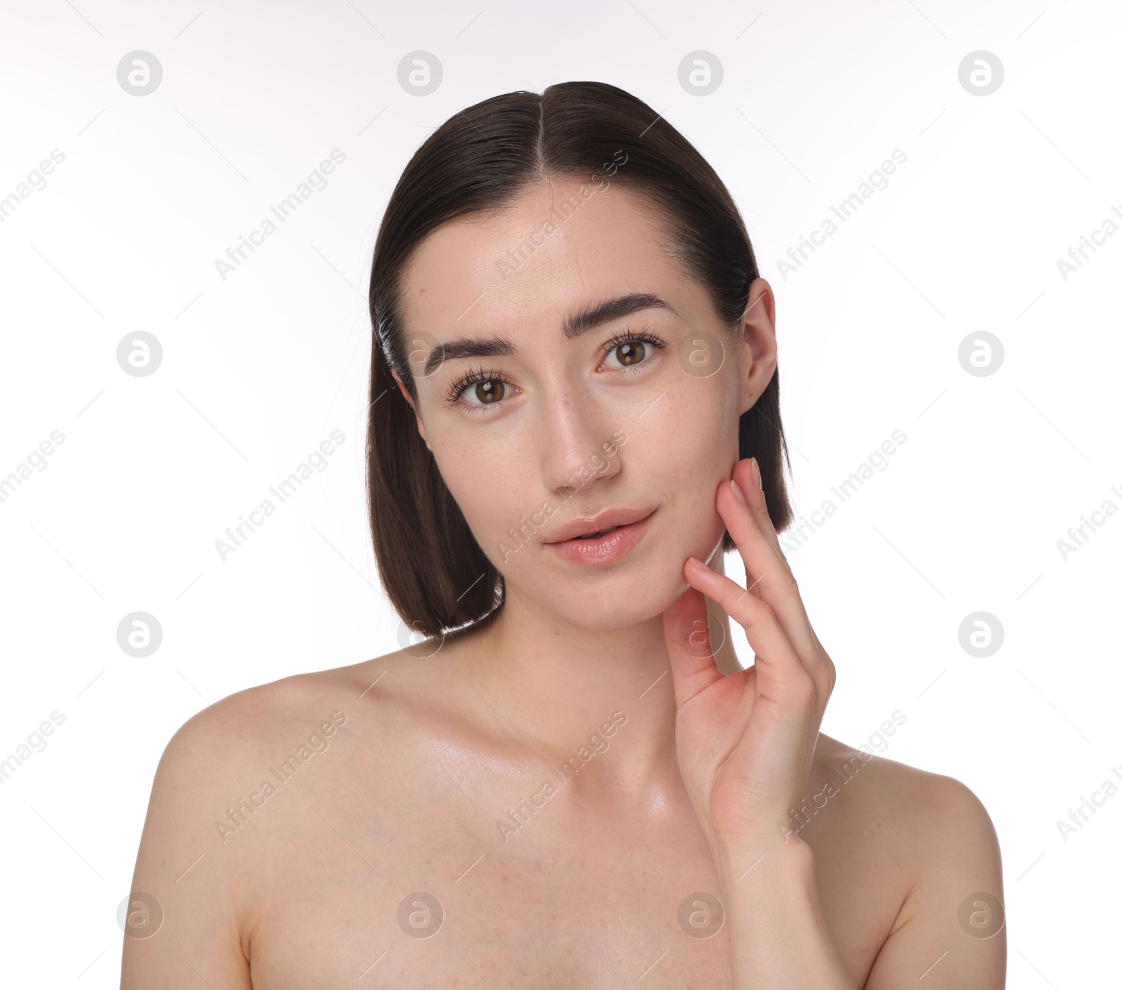 Portrait of beautiful woman after spa treatment on white background Photo of Portrait of beautiful woman after spa treatment on white background