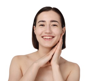 Photo of Portrait of smiling woman after spa treatment on white background